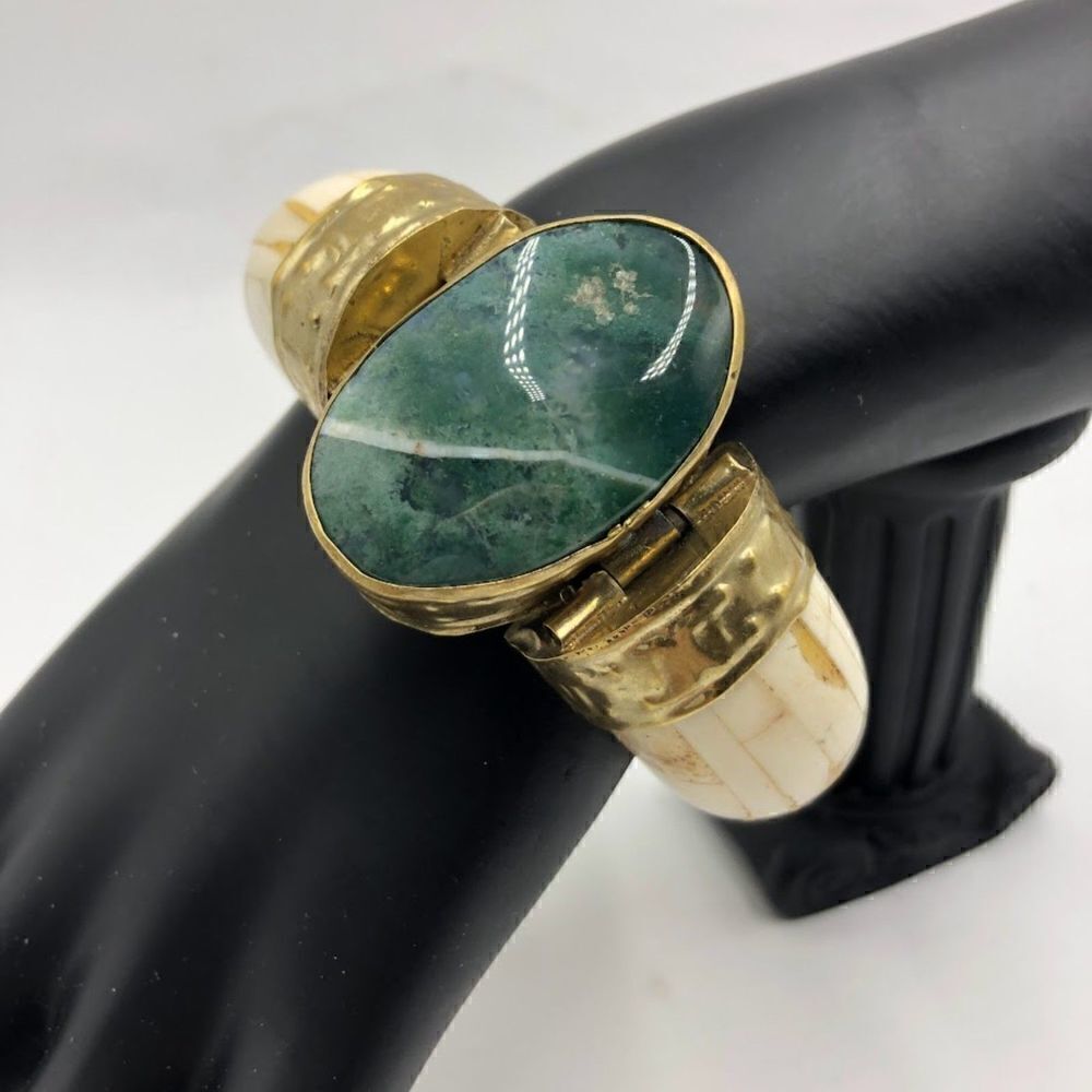 Vintage Ivory Bangle Women's Bracelet Pin Closure Large Moss Agate AS IS